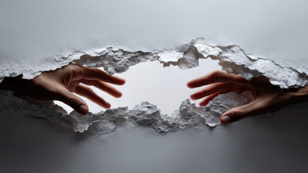 Close-up of reaching hands across torn paper background, symbolizing separation and reunionの素材