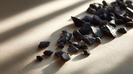 Crushed charcoal stones dispersed on a cream matte surface with artistic lightingの素材