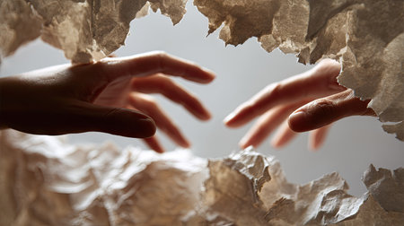 Close-up of reaching hands across torn paper background, symbolizing separation and reunionの素材