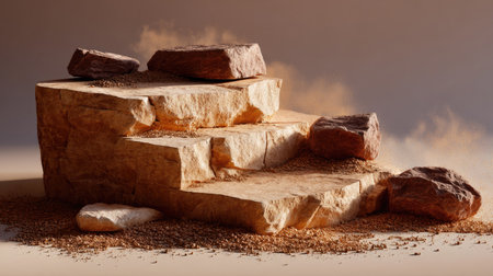 Desert-themed stone podium with natural cracks and scattered dust, warm earthy tonesの素材