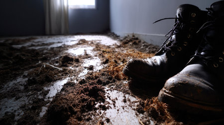 Dirty shoe marks from mud scattered across an otherwise spotless floor, creating contrast and tensionの素材