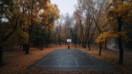 Empty outdoor basketball court surrounded by autumn trees and fallen leavesの素材