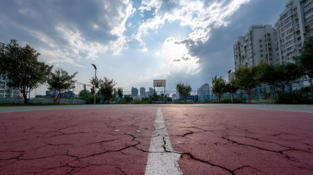 Empty neighborhood basketball court with urban backdrop, slightly cracked surface and painted linesの素材