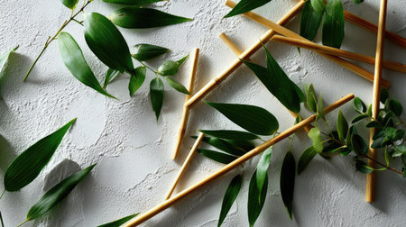 Flat lay of bamboo sticks and green leaves across a soft textured surface, isolated and cleanの素材