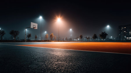 Empty basketball court at night lit by overhead lamps, with dramatic contrast and deep shadowsの素材