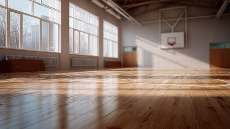 Empty indoor basketball court with polished wooden floor and clear view of hoop and backboard, perfect for sports backgroundsの素材