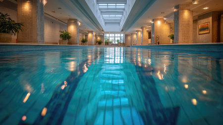 Empty indoor pool with warm lighting reflecting off the clear water, vibrant tile accents around the poolの素材