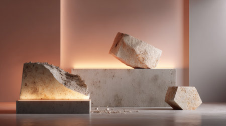 Floating stone display with broken edges and soft lighting, for modern design mockupsの素材