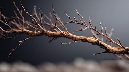 Dry skeletal branch diagonally placed across a dim background, suggesting decay and passage of timeの素材