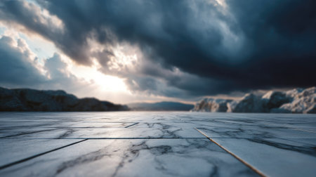 Empty marble ground viewed from low angle, enhancing the dramatic backdrop of rolling cloudsの素材
