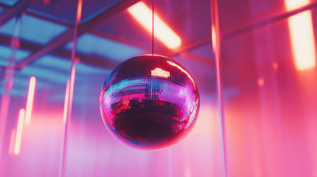 A retro-style holographic disco ball hanging from the ceiling, reflecting light beams.の素材