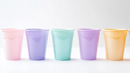 A row of plastic cups in pastel colors, isolated against a clean, white backdrop.の素材