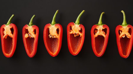 A row of sliced red chili peppers lined up in a straight line, showcasing their fiery interiors.の素材