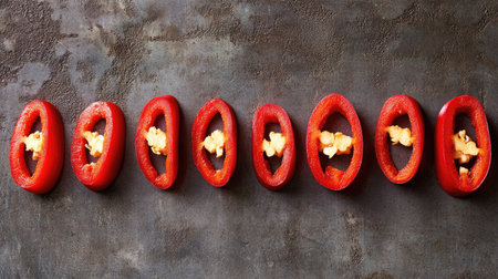 A row of sliced red chili peppers lined up in a straight line, showcasing their fiery interiors.の素材