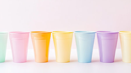 A row of plastic cups in pastel colors, isolated against a clean, white backdrop.の素材