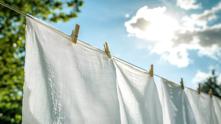 A row of white clothes drying on a clothesline, gently swaying in the wind under a bright sunny sky, symbolizing freshness and cleanlinessの素材