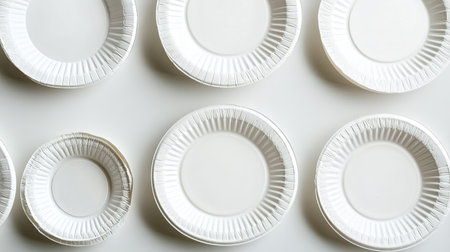 A set of disposable white plastic plates on a clean surface, arranged in an orderly manner.の素材