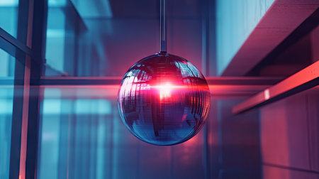 A retro-style holographic disco ball hanging from the ceiling, reflecting light beams.の素材