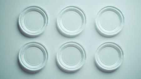 A set of disposable white plastic plates on a clean surface, arranged in an orderly manner.の素材