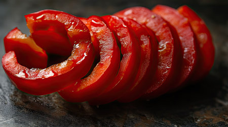 A red chili pepper sliced into perfect rings, each piece showing vibrant color and texture.の素材