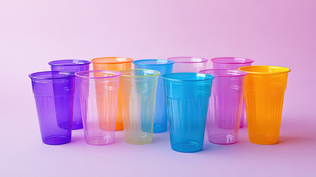A selection of plastic cups in a variety of colors, placed on a plain background for a playful effect.の素材