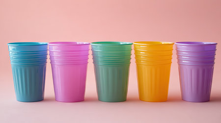 A selection of plastic cups in a variety of colors, placed on a plain background for a playful effect.の素材