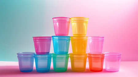 A series of colorful plastic cups stacked in a pyramid shape, isolated against a soft background.の素材