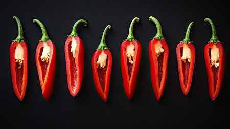 A row of sliced red chili peppers lined up in a straight line, showcasing their fiery interiors.の素材