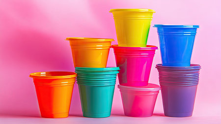 A series of colorful plastic cups stacked in a pyramid shape, isolated against a soft background.の素材