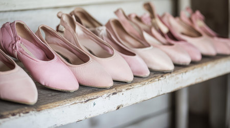 A row of ballet shoes in different shades of pink lined up on a dance studio bench.の素材
