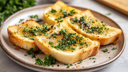 A serving of garlic bread with fresh parsley, beautifully arranged on a ceramic plate.の素材