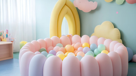 A soft, pastel-hued ball pit filled with smooth plastic balls, perfect for a dreamy kids' theme.の素材