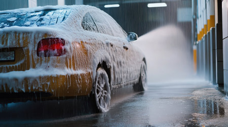 A shiny car covered in soap foam at a car wash, with bubbles and suds on the body, while water sprays over it from a pressure washerの素材