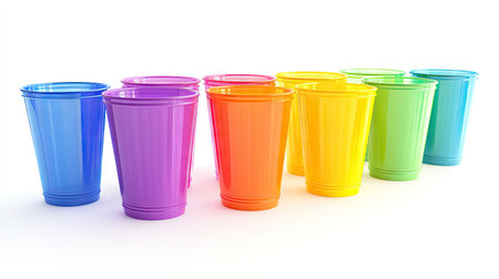 A set of plastic cups of varying colors, each isolated on a simple, white background for clarity.の素材