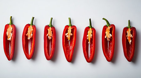 A row of sliced red chili peppers lined up in a straight line, showcasing their fiery interiors.の素材