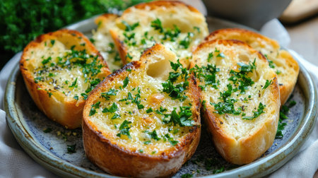 A serving of garlic bread with fresh parsley, beautifully arranged on a ceramic plate.の素材