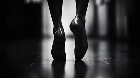 A soft-focus image of a ballerina's feet in satin pointe shoes, poised on the tip of a polished floor.の素材