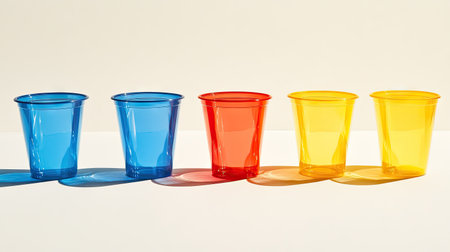A series of plastic cups in vibrant hues like red, yellow, and blue, isolated on a neutral backdrop.の素材