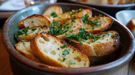A rustic ceramic dish filled with garlic bread slices, arranged neatly with fresh parsley.の素材