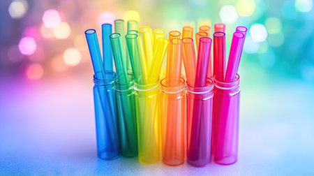 A set of rainbow-colored drinking straws with bright, bold colors on a light table.の素材