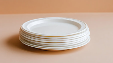 A set of disposable white plastic plates on a clean surface, arranged in an orderly manner.の素材