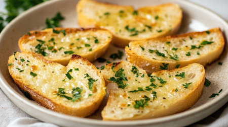 A simple and elegant presentation of garlic bread slices with parsley on a neutral ceramic dish.の素材