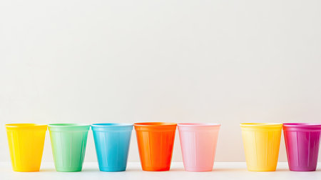 A selection of bright plastic cups arranged neatly in rows, isolated against a clean, light background.の素材