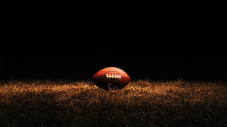 A sharp, high-resolution image of an American football on a field of grass, fading into darkness.の素材
