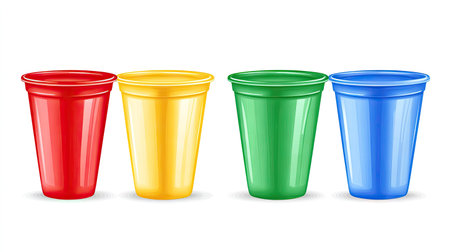 A set of colorful plastic cups in blue, red, yellow, and green, isolated on a clean white background.の素材