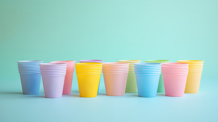 A selection of plastic cups in a variety of colors, placed on a plain background for a playful effect.の素材