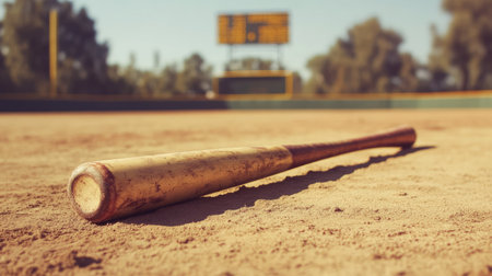 A snapped wooden baseball bat lying on a dusty sports field, with a blurred scoreboard in the backgroundの素材