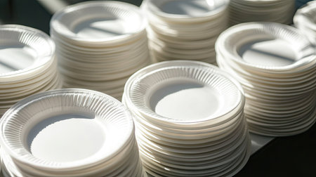 A set of white plastic disposable plates stacked with subtle light and shadow play, perfect for events.の素材