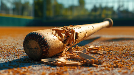 A shattered wooden baseball bat with splinters scattered on the ground, framed against a blurred sports field backdropの素材