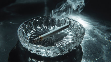 A single cigarette with a long trail of ash resting in a crystal ashtray on a dark surface.の素材